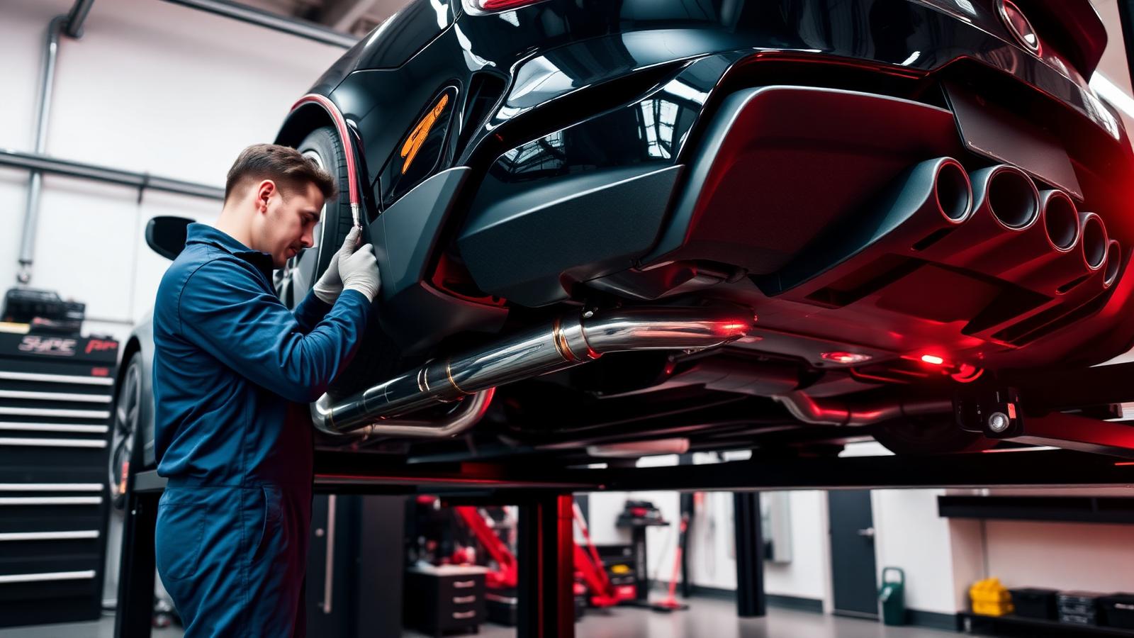 Exhaust system being fitted to a car on a workshop lift